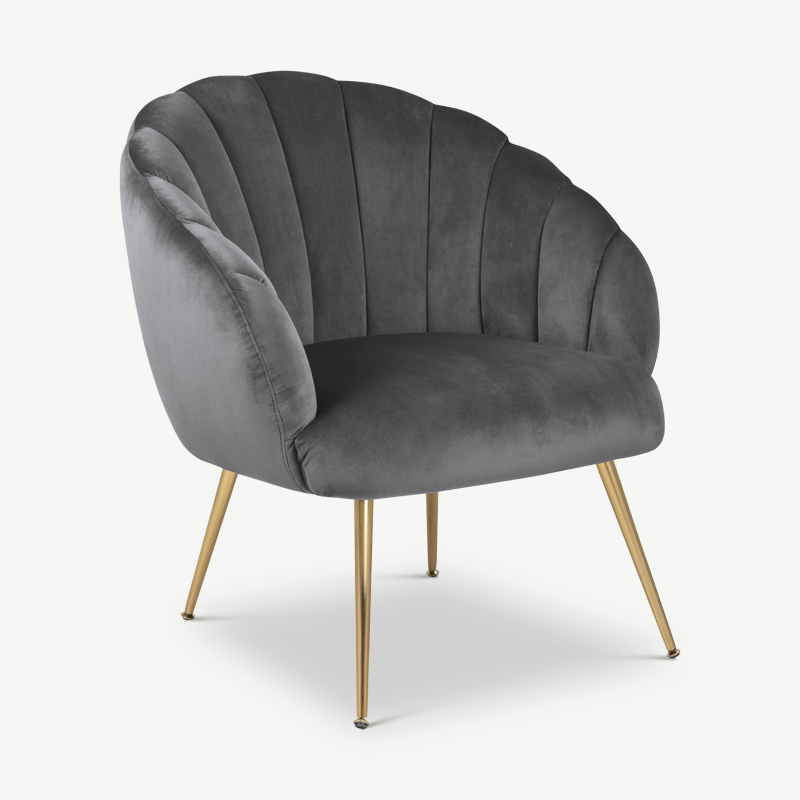 -€70 Pearl fauteuil, grijze stof en messing staal