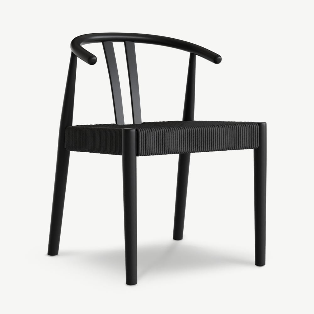 -€100 Scandi Houten Eetkamerstoel, zwart rotan