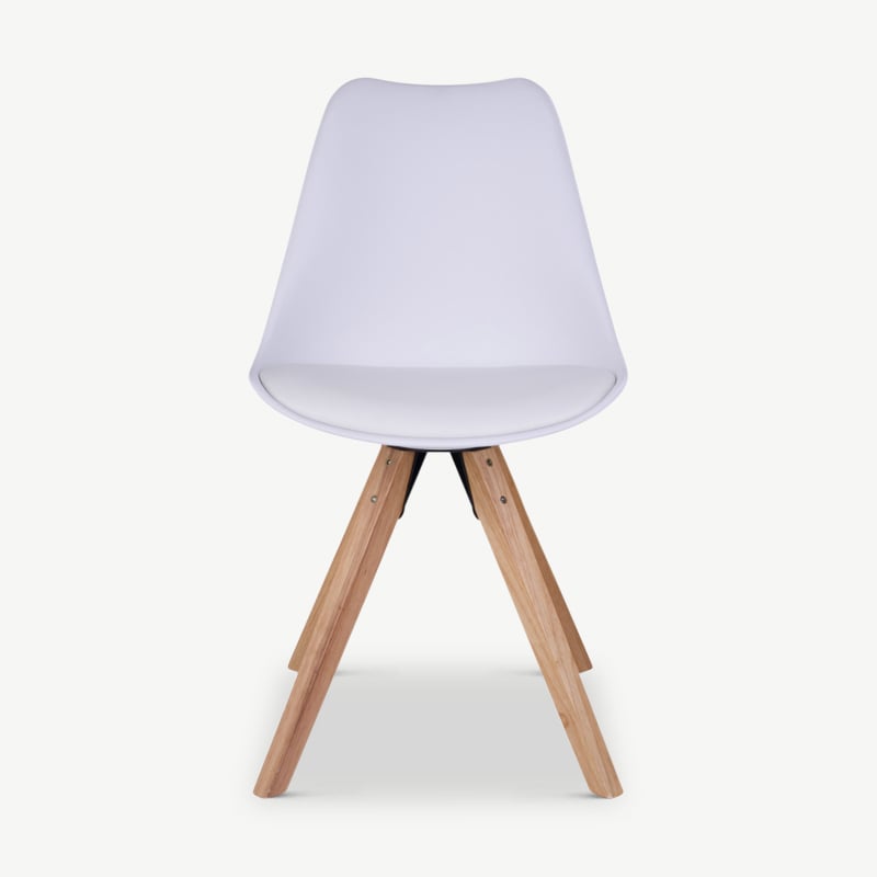 Chaise UP, cuir PU blanc & pieds en bois vue de face