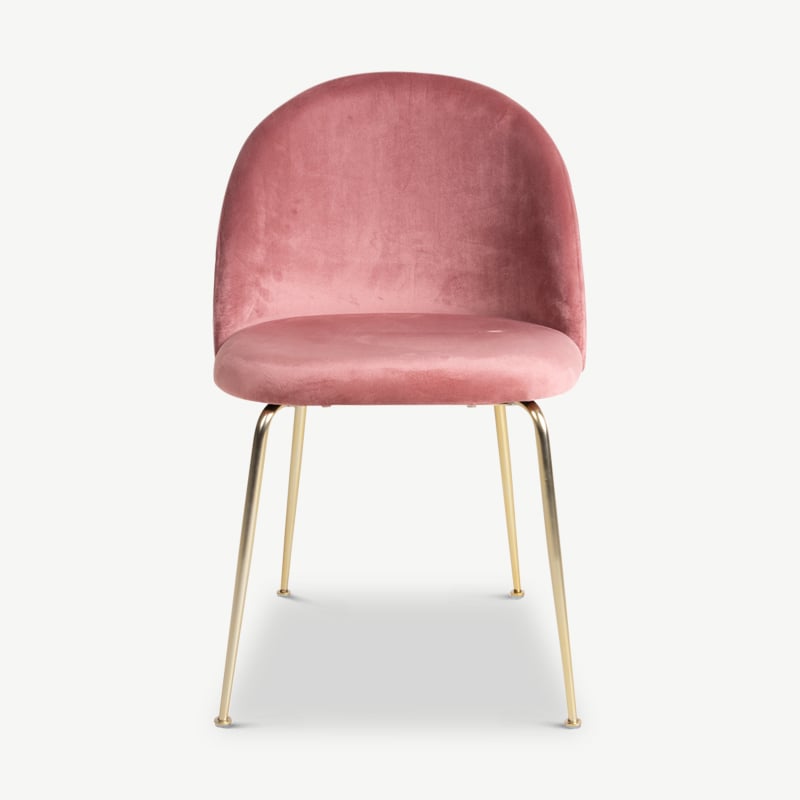 Paris eetkamerstoel, roze velvet met messing look onderstel vooraanzicht