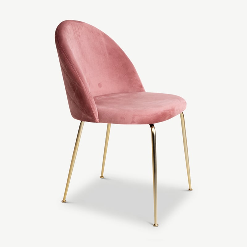 Paris eetkamerstoel, roze velvet met messing look onderstel zijaanzicht
