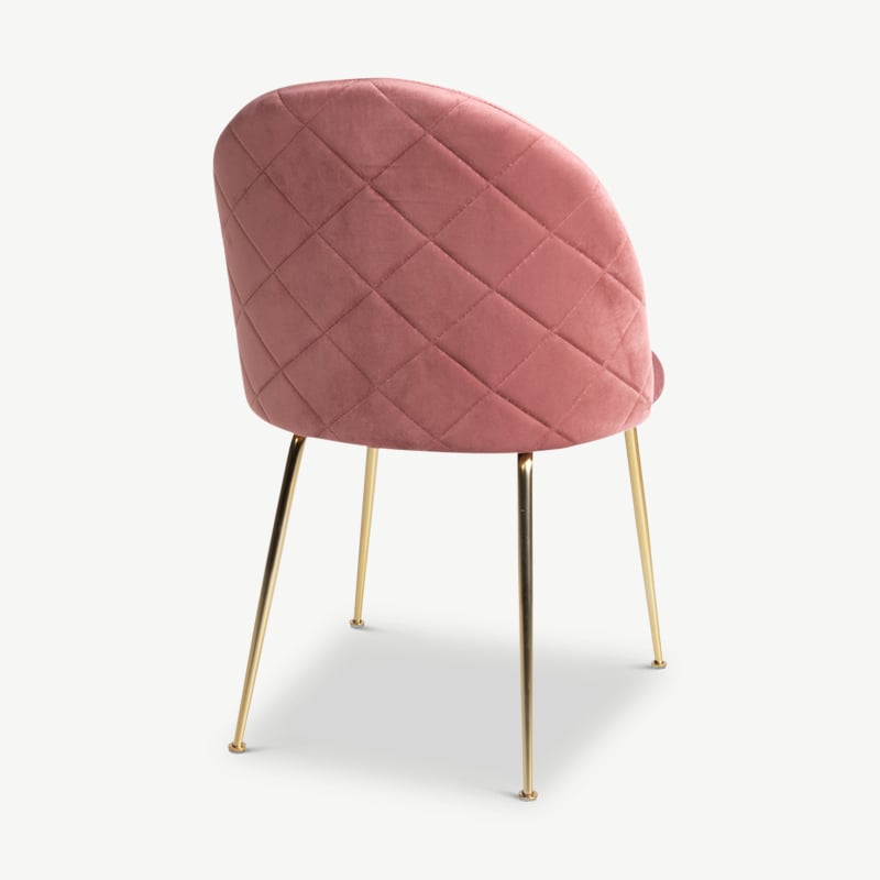 Paris eetkamerstoel, roze velvet met messing look onderstel achteraanzicht