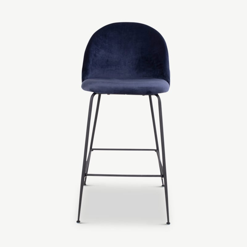 Tabouret Paris, velours bleu & pieds noirs vue de face