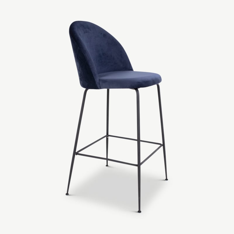 Tabouret Paris, velours bleu & pieds noirs vue de côté