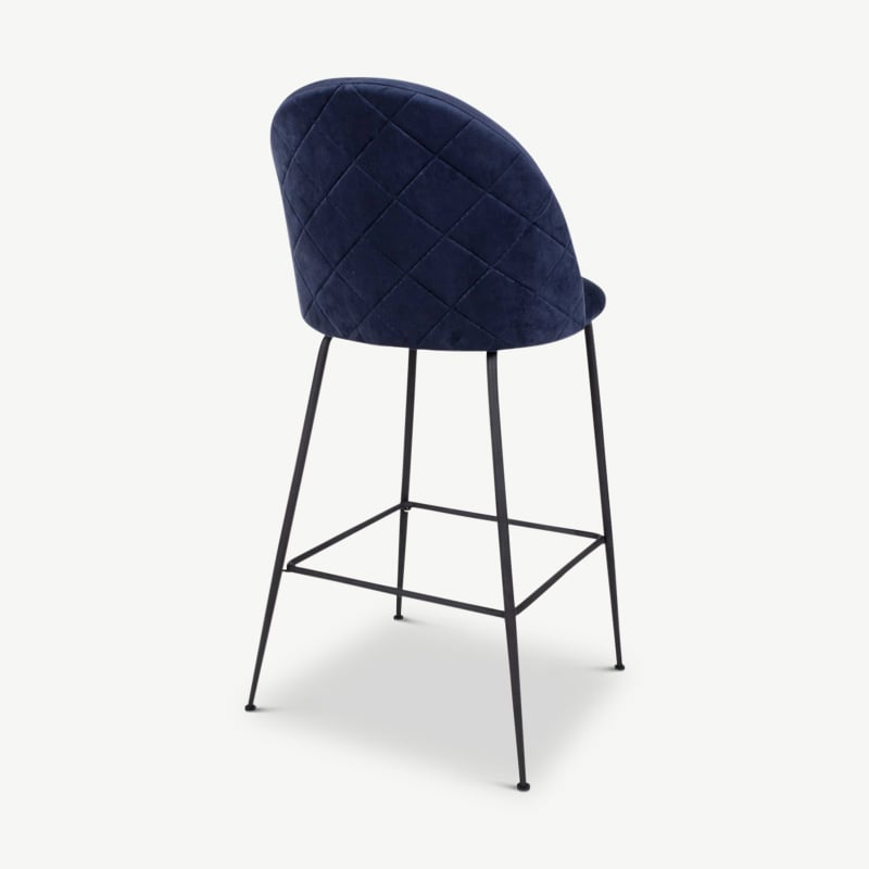 Tabouret Paris, velours bleu & pieds noirs vue de derrière