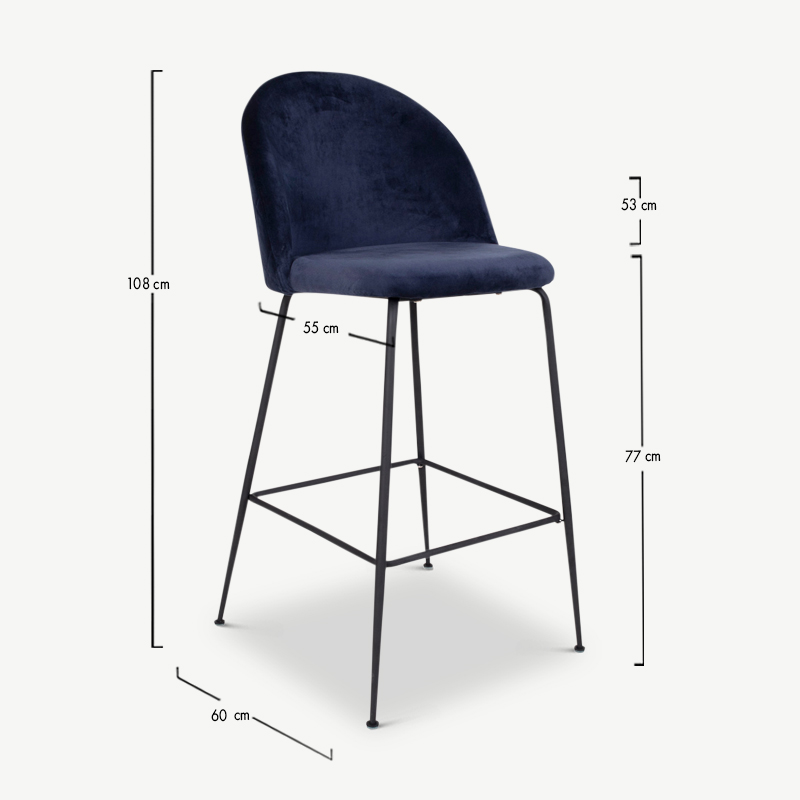 Tabouret Paris, velours bleu & pieds noirs dimensions
