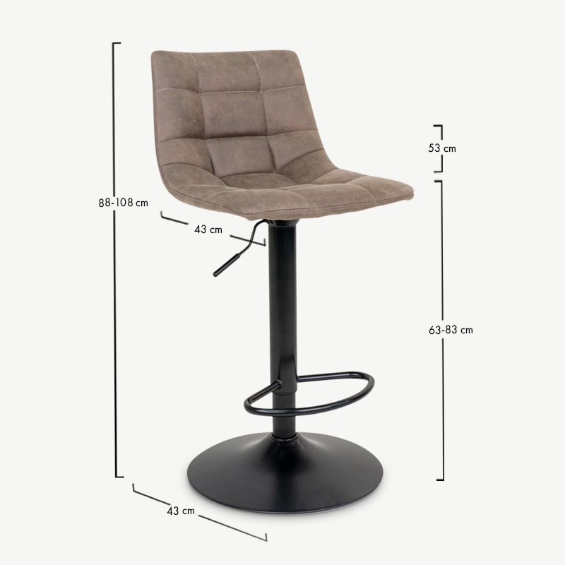 England barkruk, lichtbruin leer met zwart verstelbaar onderstel afmetingen