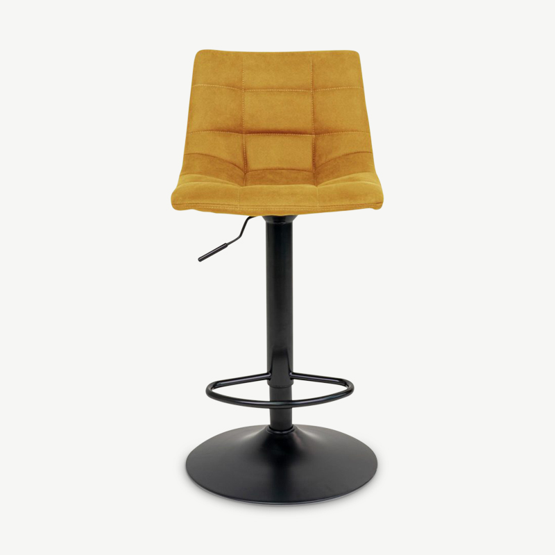 England Barhocker, gelbes Samt & schwarzes verstellbares Bein Frontansicht