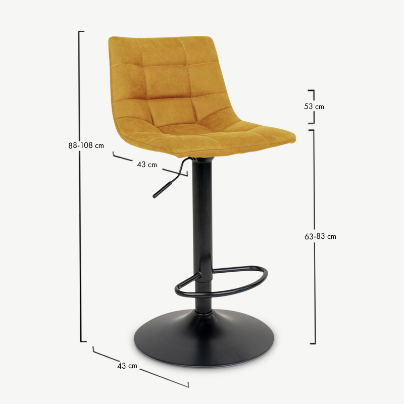 England Barhocker, gelbes Samt & schwarzes verstellbares Bein Abmessungen