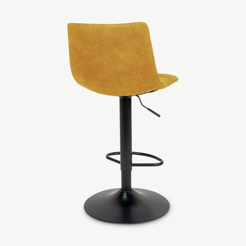 England Barhocker, gelbes Samt & schwarzes verstellbares Bein Rückansicht