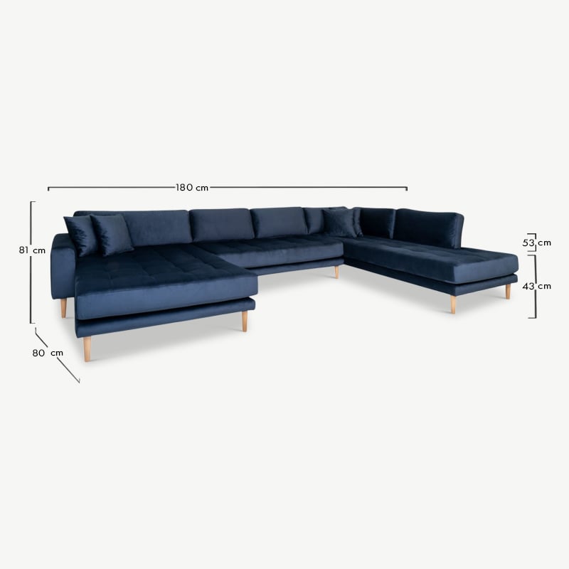 Comfy U-bank, blauw velvet & eiken + 4 kussens afmetingen