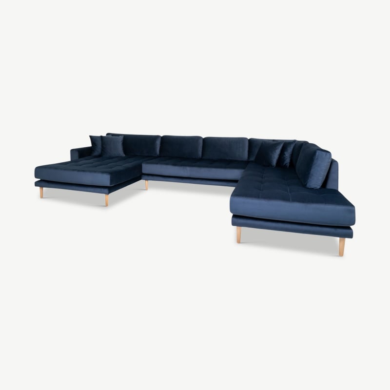 Comfy U-bank, blauw velvet & eiken + 4 kussens vooraanzicht