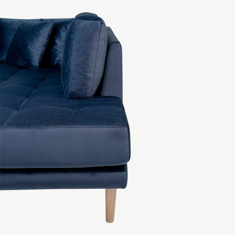 Comfy U-bank, blauw velvet & eiken + 4 kussens detailfoto zitting