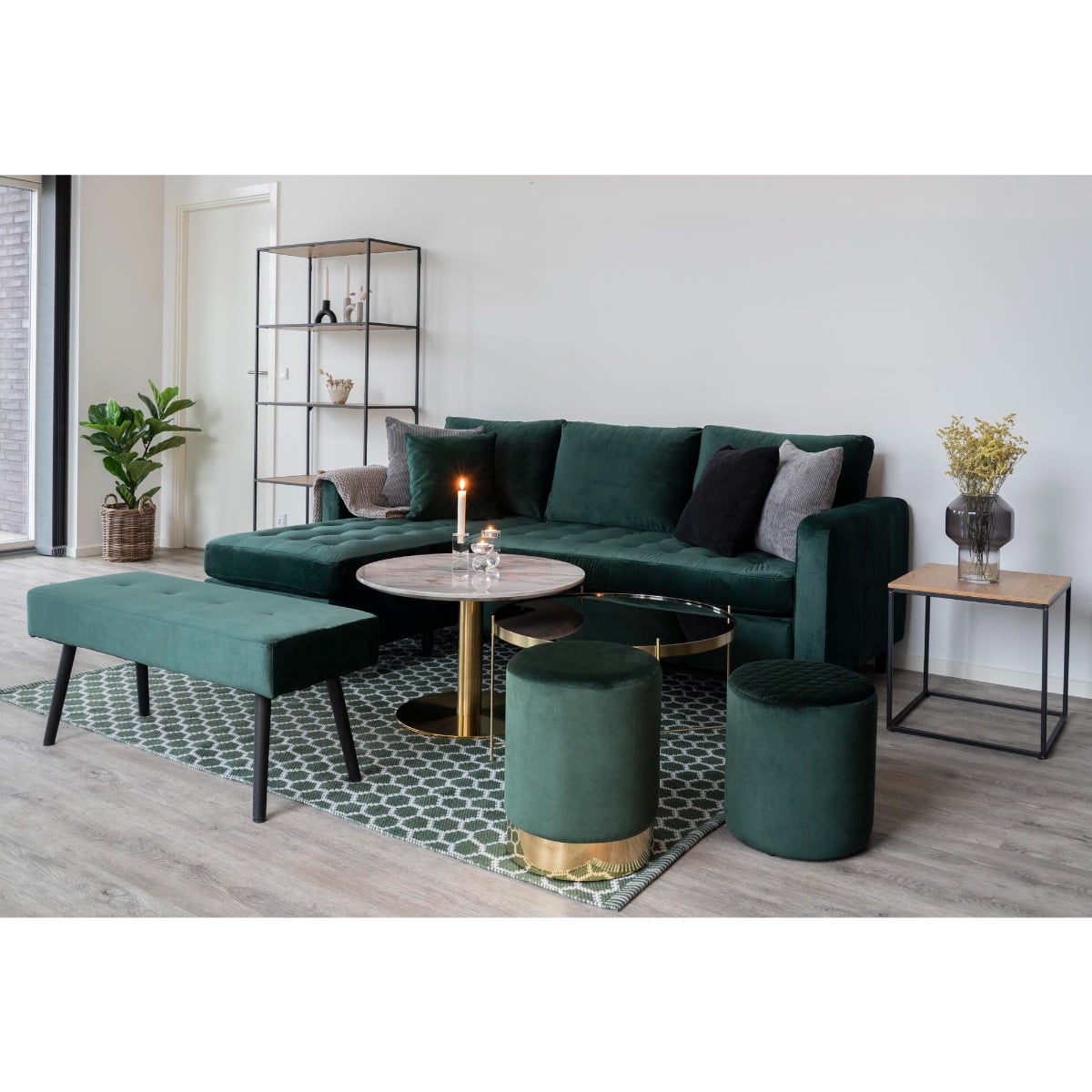 Skyler Dining Bench, Dark Green Velvet & Black image close up
