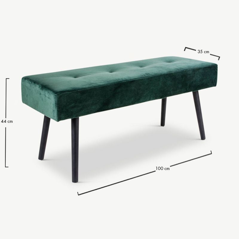 Skyler Dining Bench, Dark Green Velvet & Black dimensions