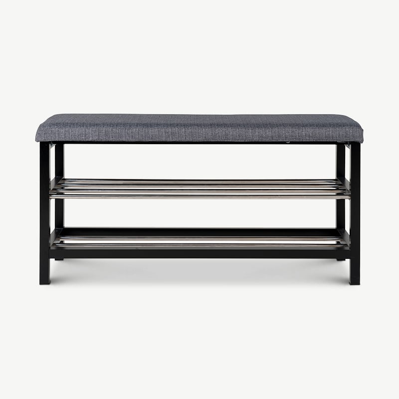 Banc Pandora, tissu gris et acier noir vue de face