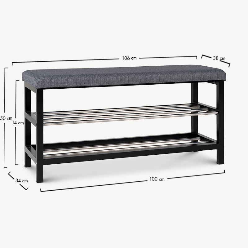 Banc Pandora, tissu gris et acier noir dimensions
