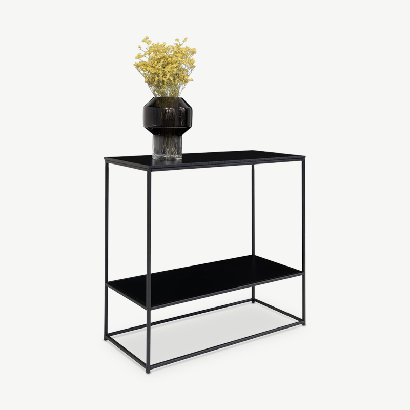 Vice Konsolentisch, schwarzer Rahmen & zwei schwarze Regale Schrägansicht