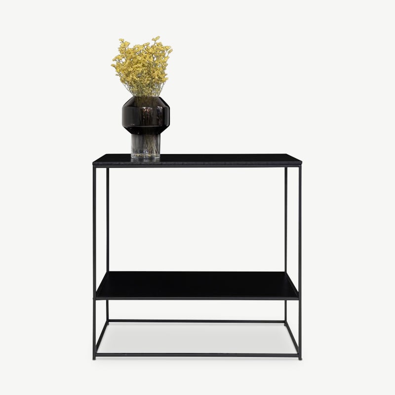 Vice Konsolentisch, schwarzer Rahmen & zwei schwarze Regale Frontansicht