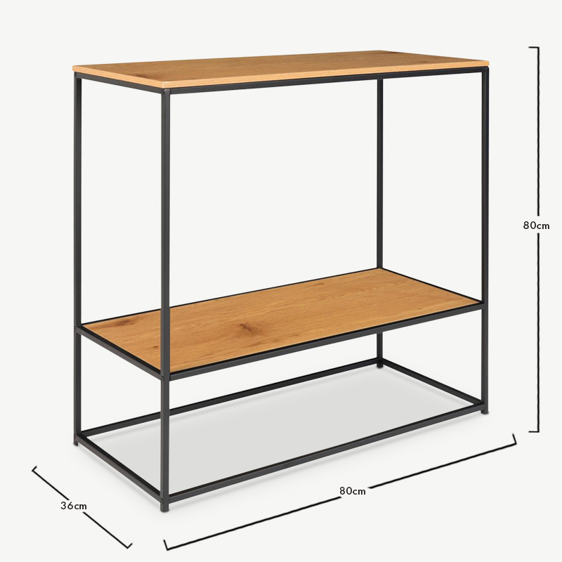 Vice consoletafel, zwart frame met twee eikenhouten planken afmetingen