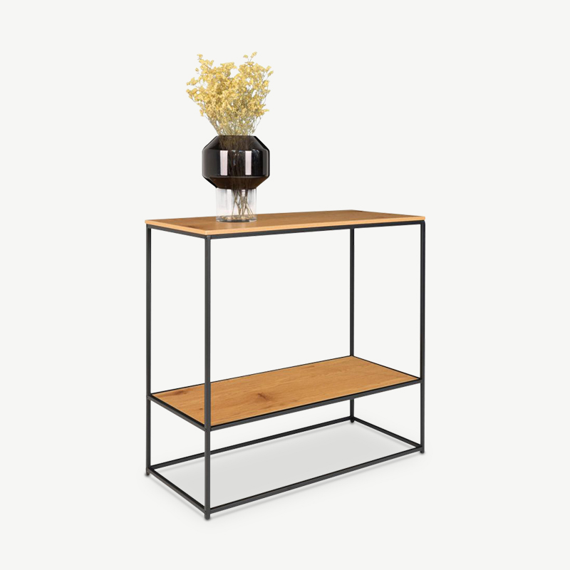 Vice consoletafel, zwart frame met twee eikenhouten planken detailfoto zitting