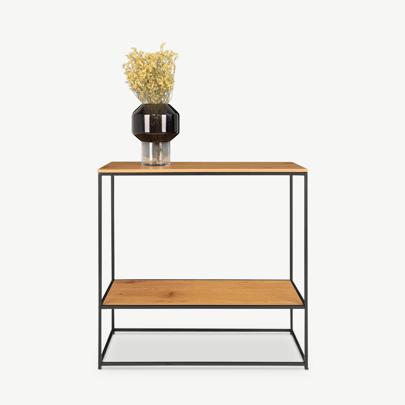 Vice consoletafel, zwart frame met twee eikenhouten planken detailfoto poten