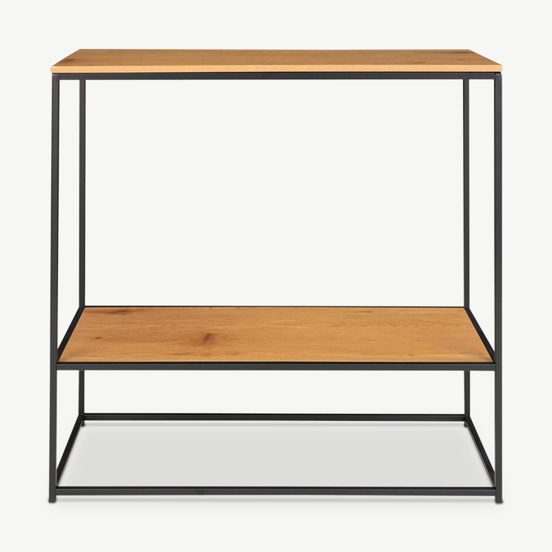 Vice consoletafel, zwart frame met twee eikenhouten planken vooraanzicht