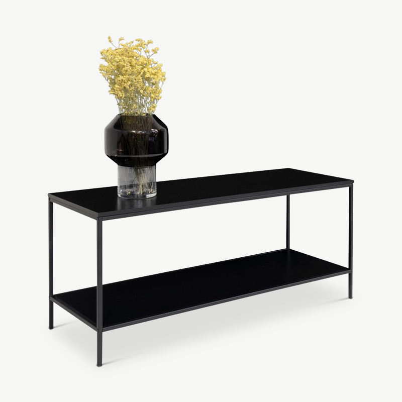 Meuble TV Vice, cadre noir et deux étagères noires vue en plongée