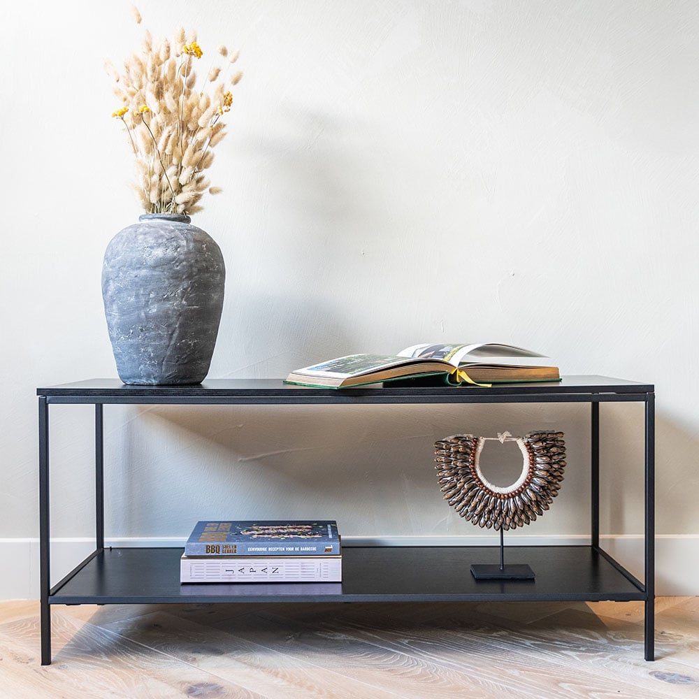 Meuble TV Vice, cadre noir et deux étagères noires gros plan