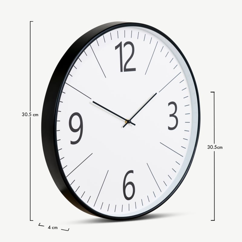 Bon Wanduhr, Schwarzer Stahl & weißer Kunststoff Abmessungen
