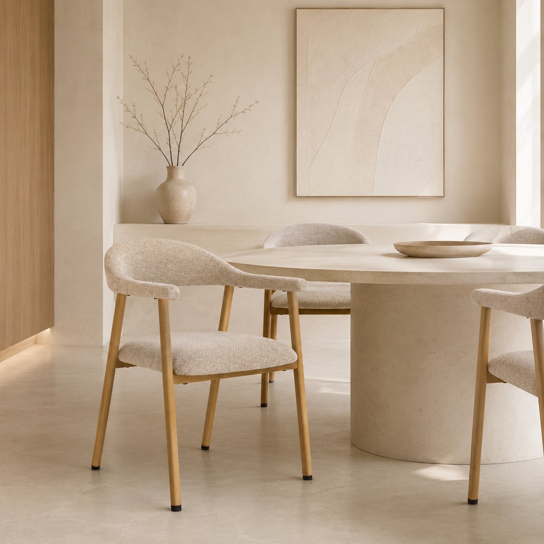 Bjorn Dining Armchair, Beige Fabric, Natural Wood