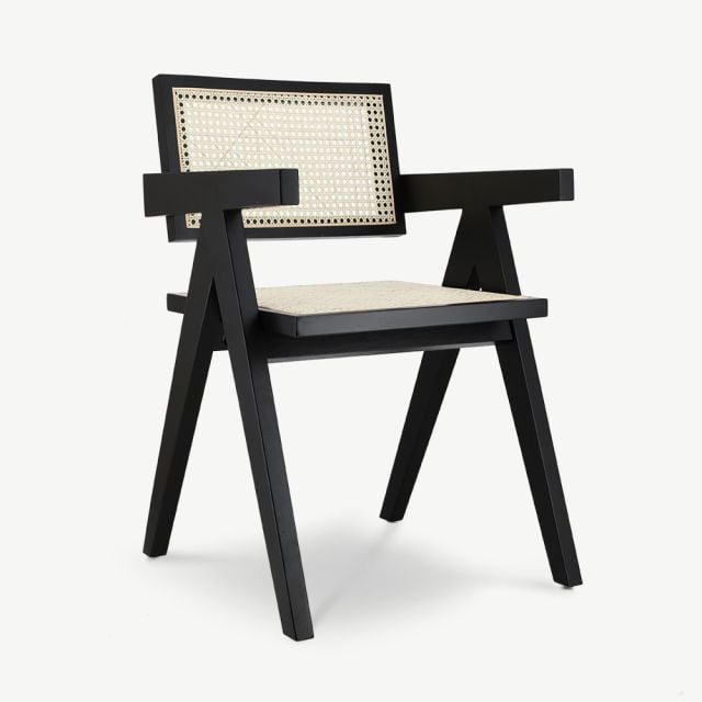 Peter Wooden Dining Chair, Black & Rattan ecom front view