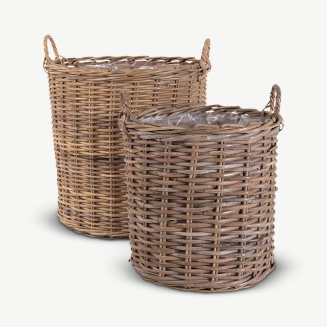 Duron Set of 2 Round Baskets, Natural Rattan ecom front view