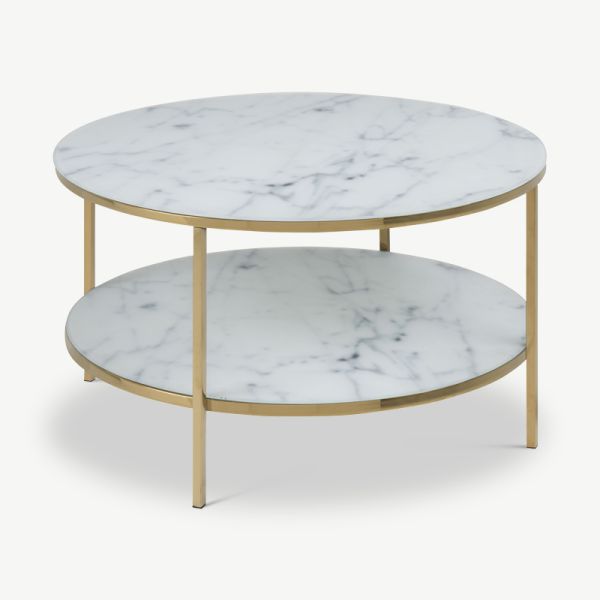 Table basse à étages Ophelia, aspect marbre en laiton