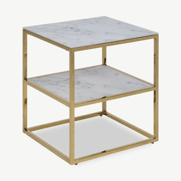 Ophelia Bedside table, Marble look & brass frame