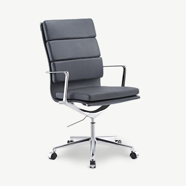 Chaise de bureau Maci, cuir gris et chrome