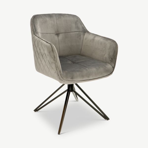Venice Dining Chair, Grey Velvet & Black legs oblique view