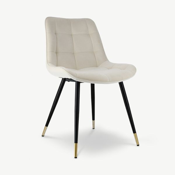 Chaise de salle à manger Chloé, velours blanc et pieds noirs