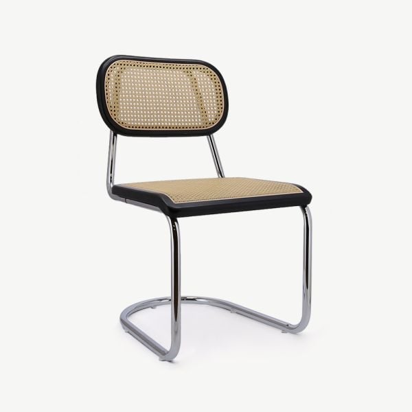 Chaise cantilever en rotin Noor, noire et chromée