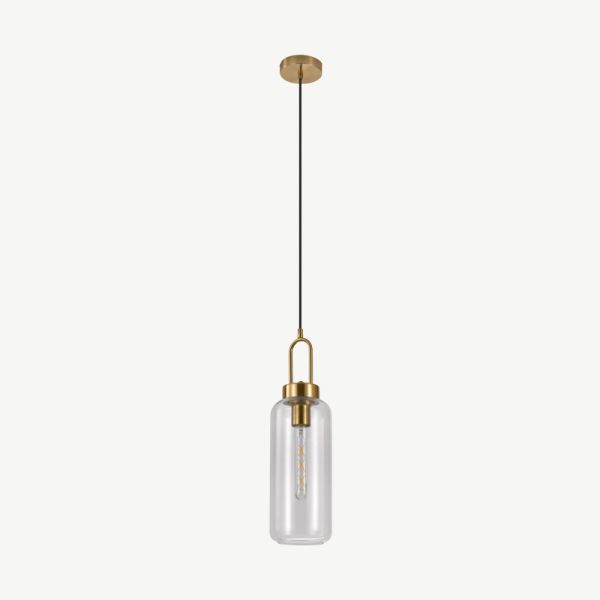 Brighton Cylinder Shaped Pendant Lamp, Clear Glass & Brass Socket