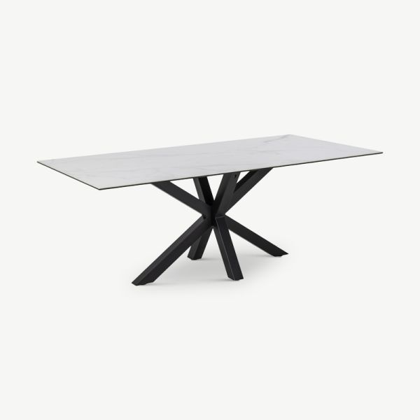 Talon spisebord, hvidt glas og stålfod (200x100 cm)