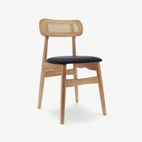 Jenson Esszimmerstuhl aus Holz, Rattan und schwarzes PU-Leder