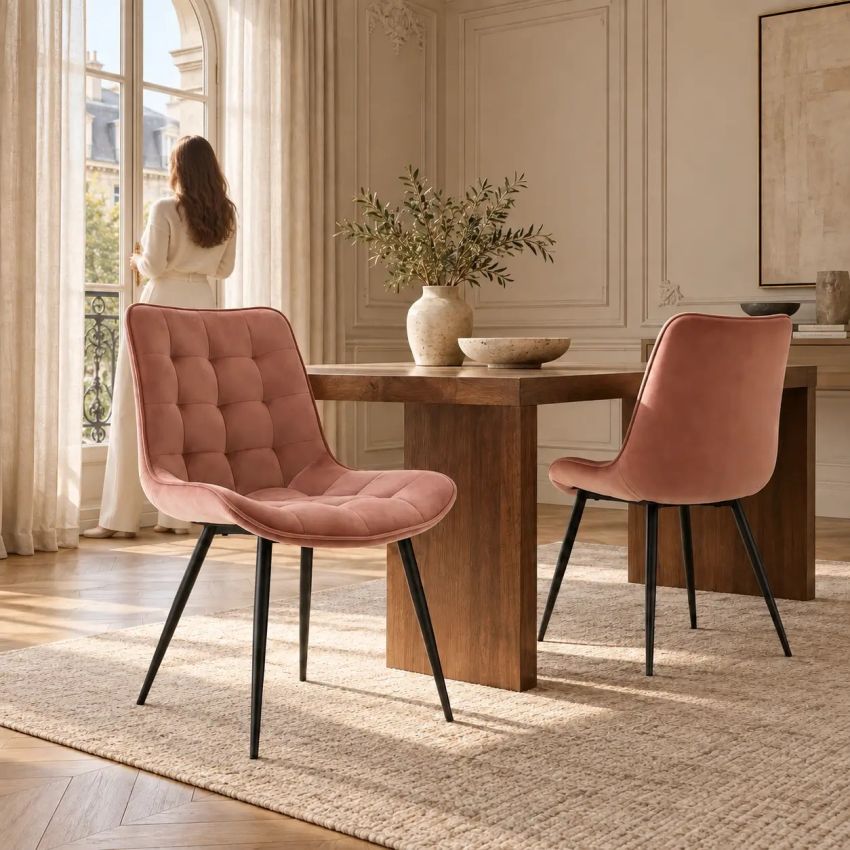 Lisboa Esszimmerstuhl, rosa Samt & schwarze Beine