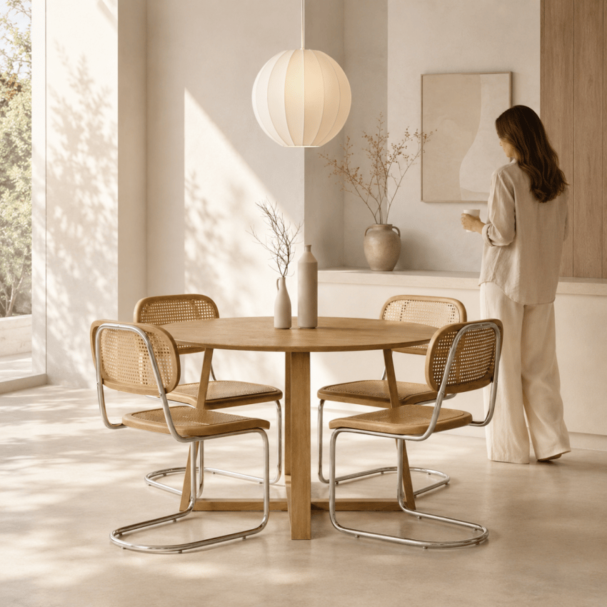 Noor Rattan Freischwinger-Stuhl, Natur & Chrom
