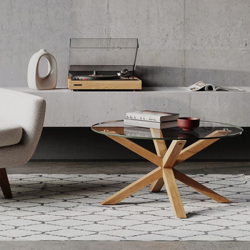 Talon Runder Couchtisch, Glas und Eichenholz-Finish