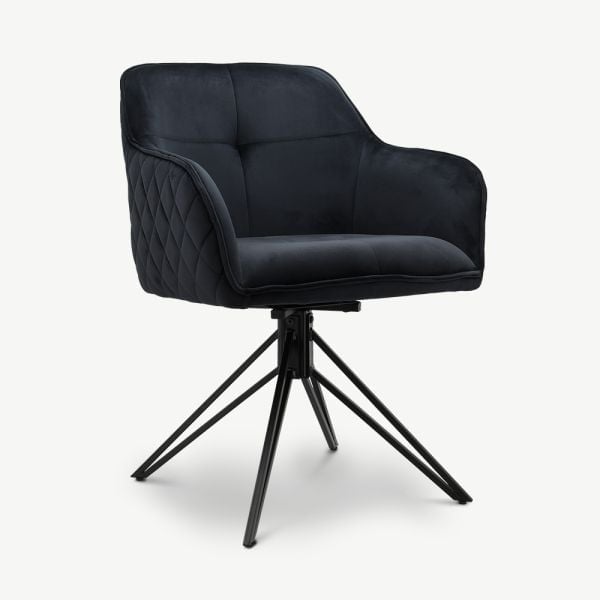 Venice Swivel Dining Armchair, Black Velvet ecom front view