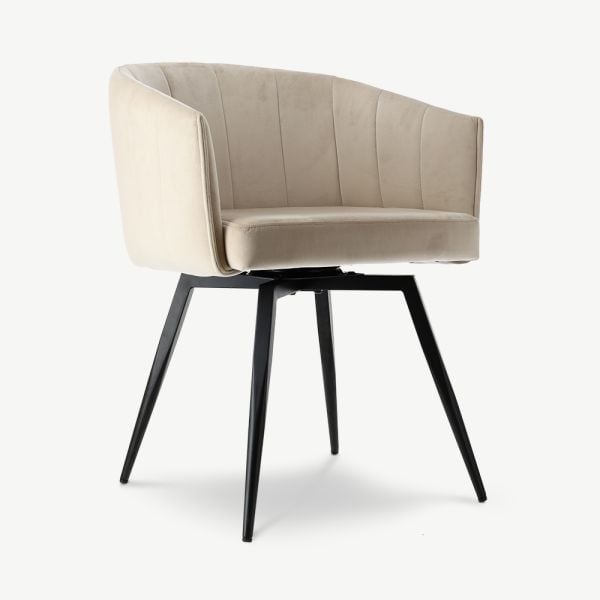 BEN Dining Chair, Beige Velvet & Black legs oblique view