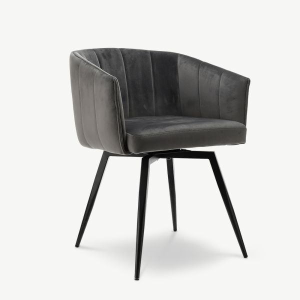 BEN Dining Chair, Grey Velvet & Black legs oblique view