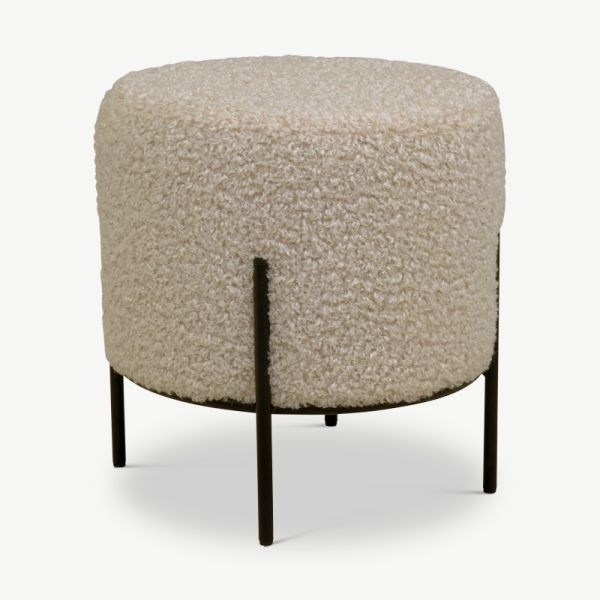 Pouf Alfred, tissu bouclé beige et pieds en acier
