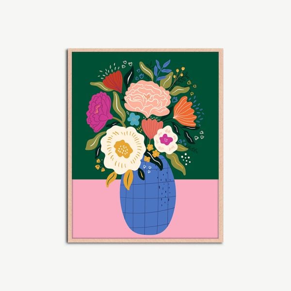 Affiche murale fleurs dans un pot bleu, encadrée